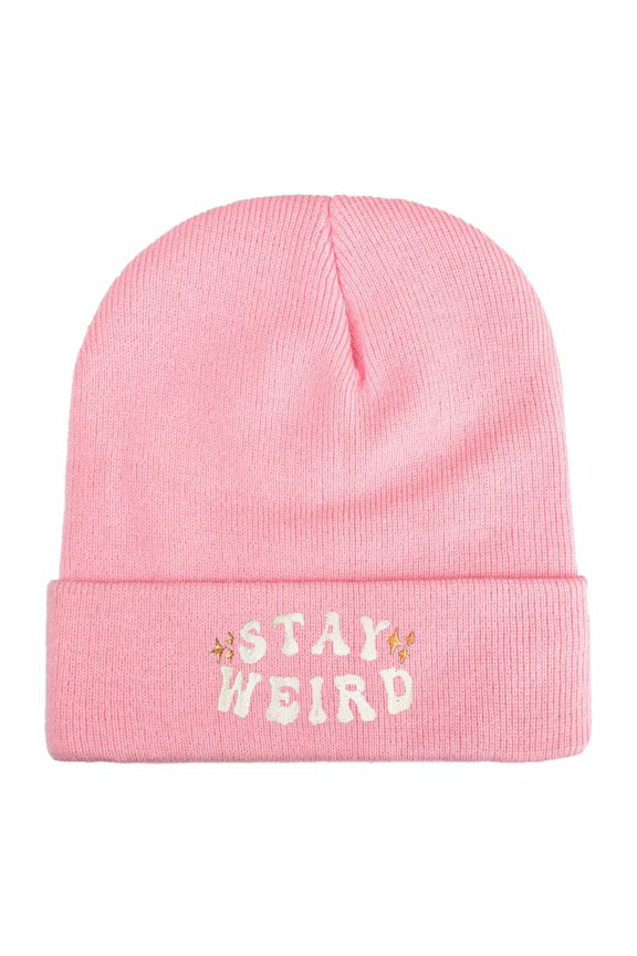 STAY WEIRD Letter Embroidered Acrylic Knit Beanie, Unisex Soft Stretch Winter Skull Cap, Sport Casual Daily Hat Perfect Gift for Men Women
