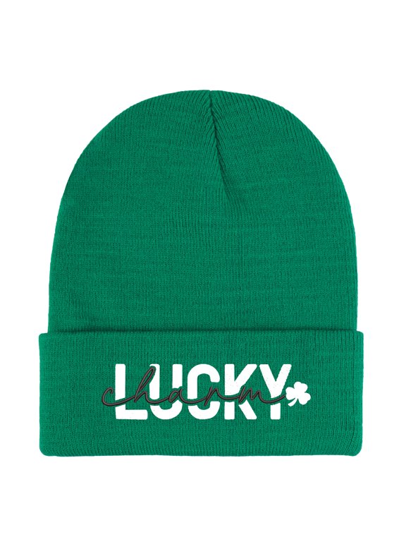 St. Patrick's "LUCKY CHARM" Four-Leaf Clover Embroidered Acrylic Knit Beanie, Soft Stretchy Daily Unisex Warm Hat, Perfect Holiday Gift for Men & Women