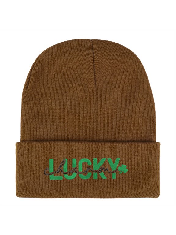 St. Patrick's "LUCKY CHARM" Four-Leaf Clover Embroidered Acrylic Knit Beanie, Soft Stretchy Daily Unisex Warm Hat, Perfect Holiday Gift for Men & Women
