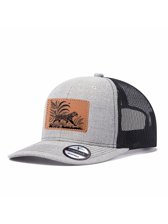 Tiger In Floral Graphic Leather Patch Trucker Hat, Men Adjustable Breathable Mesh Baseball Cap for Outdoor Travel Daily Casual Outfits
