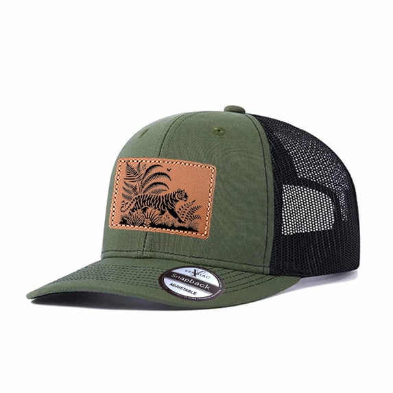 Vergiac Tiger In Floral Graphic Leather Patch Trucker Hat, Men Adjustable Breathable Mesh Baseball Cap for Outdoor Travel Daily Casual Outfits