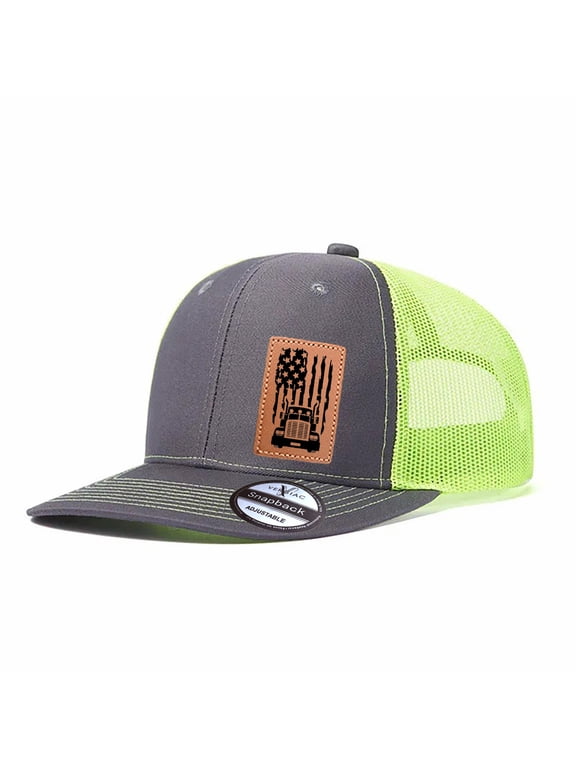 Truck American Flag Leather Patch Trucker Hat, Adjustable Snapback Cap for Men Women, Vacation Travel Daily Outdoor Wear