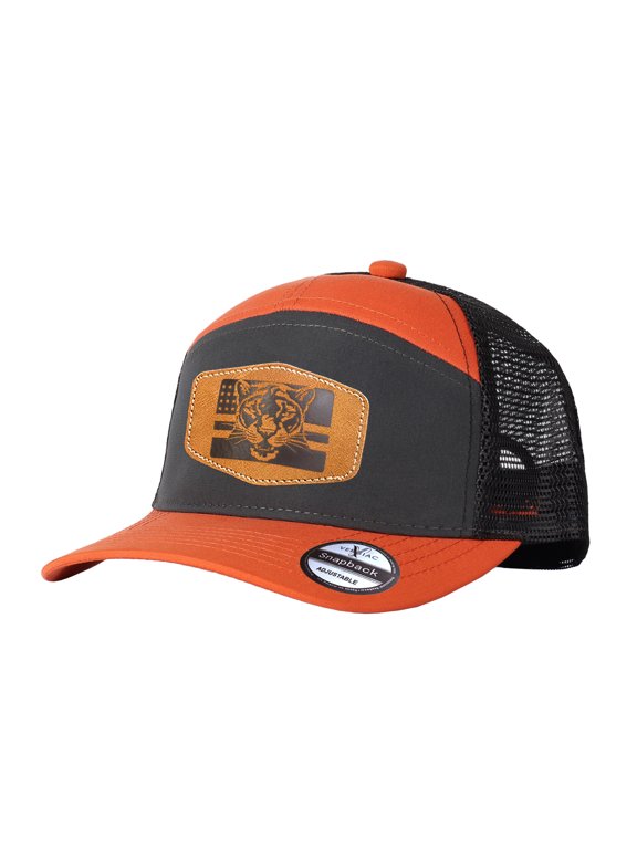 Unisex Tiger Flag Leather Patch Patchwork Trucker Hat, Adjustable Mesh Cap for Vacation Travel Outdoor Daily Wear