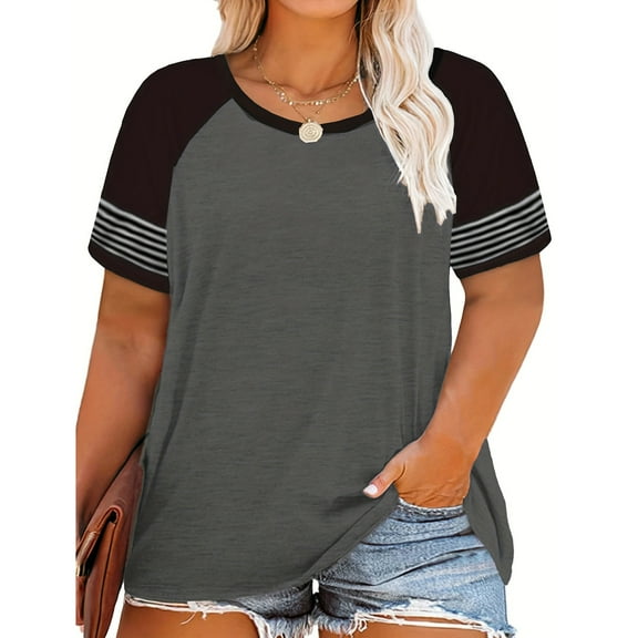 Vergoodr Plus-Size-Tops for Women Summer Short Sleeve Raglan Color Block Striped T-Shirts