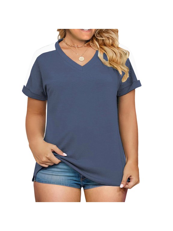 Plus-Size Tops for Women Summer Short Sleeve V Neck Shirts Side Split Tunics