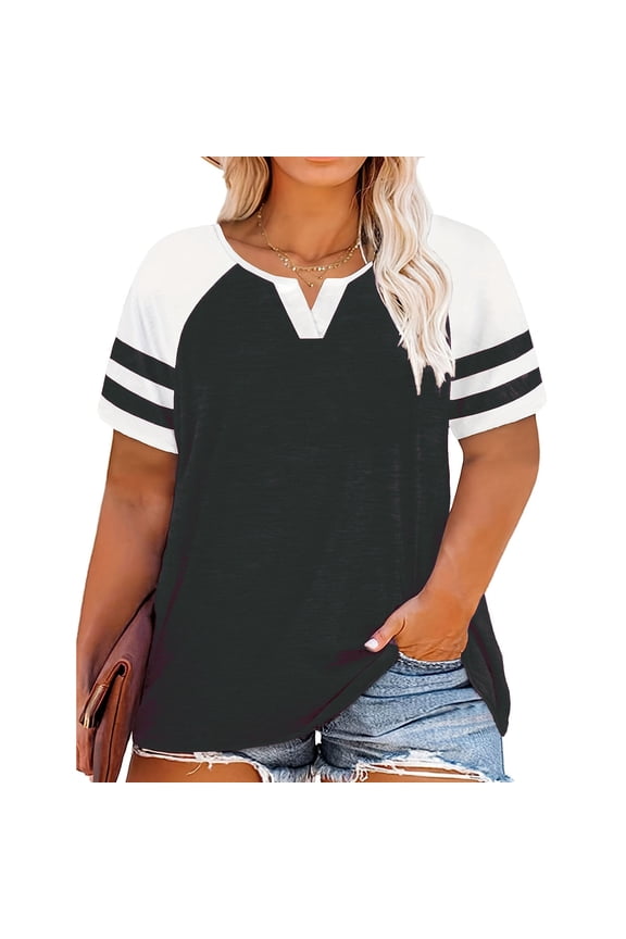 Plus-Size Tops for Women Summer V Neck T Shirts Color Block Raglan Tees