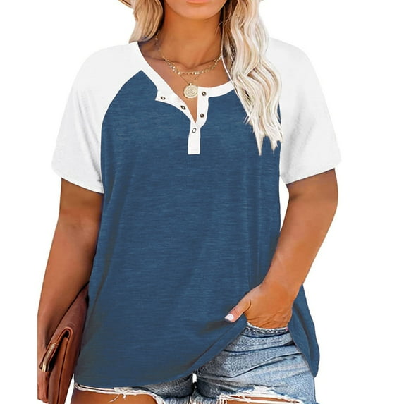 Vergoodr Women's Plus Size Tops Raglan Henley Shirts Buttons Up Tunics Color Block Tee