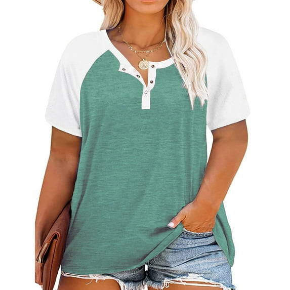 Vergoodr Women's Plus Size Tops Raglan Henley Shirts Buttons Up Tunics Color Block Tee