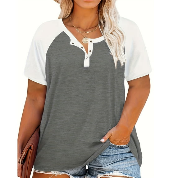 Vergoodr Women's Plus Size Tops Raglan Henley Shirts Buttons Up Tunics Color Block Tee