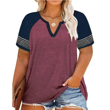 Vergoodr Womens Plus-Size Tops Raglan V Neck T Shirts Striped Short Sleeve Tunics