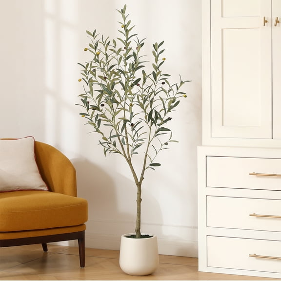 VeriNatural 5FT Artificial Olive Tree in White Plastic Pot, Fake Greenry Olive Tree for Home Decor