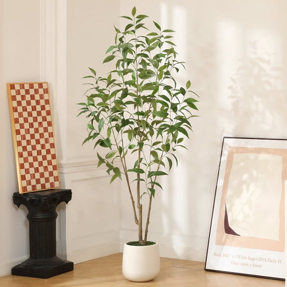 VeriNatural 6FT Eucalyptus Artificial Tree in Beige Plastic Pot, Faux Silk Tree for Inoor Home Decor