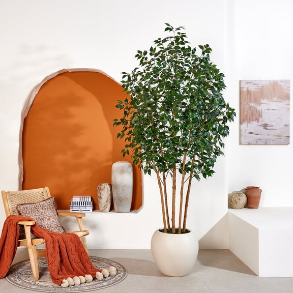 VeriNatural 8ft Ficus Artificial Tree in White Plastic Planter for Indoor Home Decor