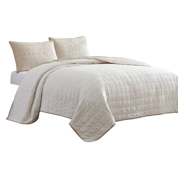 Veria 3 Piece King Quilt Set with Channel Stitching The Urban Port, Cream and Beige- Saltoro Sherpi