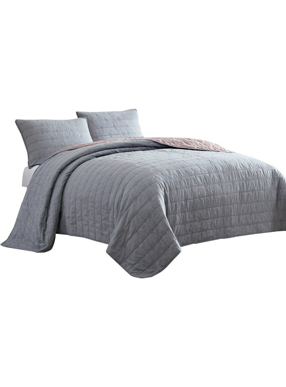 Veria 3 Piece Queen Quilt Set with Channel Stitching The Urban Port, Gray and Pink- Saltoro Sherpi
