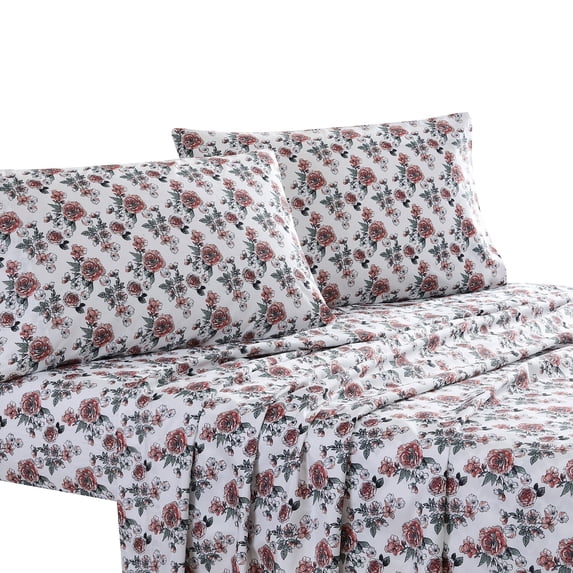 Veria 4 Piece King Bedsheet Set with Rose Print The Urban Port, White and Pink- Saltoro Sherpi