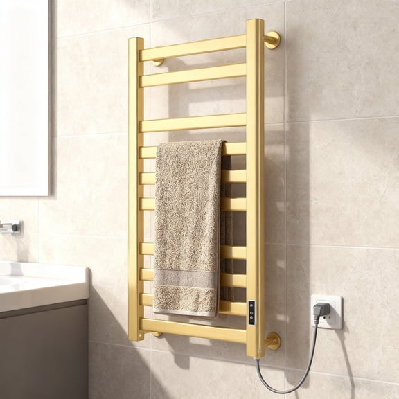 Towel Warmer Rack, Heated Towel Rack for Bathroom, Wall-Mounted Plug (Not Hardwired), Aluminum, Temperature Adjustment, Overheat Protection Function(Large Gold)