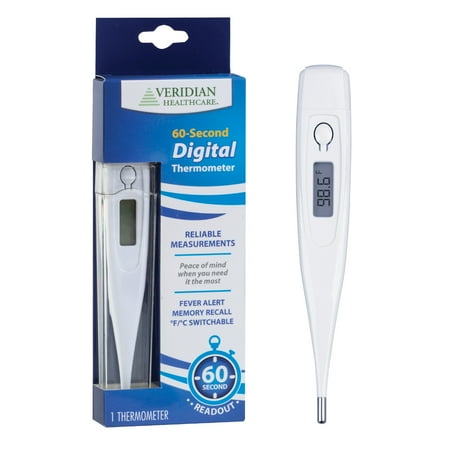 Veridian 60-Second Digital Thermometer | Fever Alert | Clinical Rigid Tip | Case & Probe Covers
