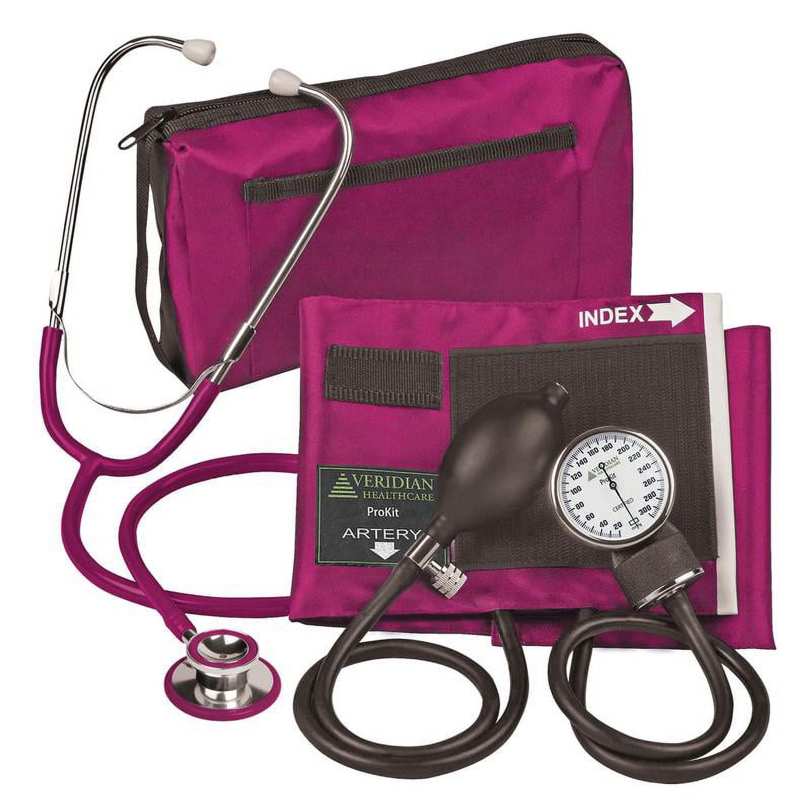 Veridian Healthcare ProKit™ Magenta Adult Aneroid Sphygmomanometer With Dual-Head Scope, Standard gauge, air release valve and  inflation bulb, 30” Dual head stethoscope