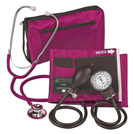 Veridian Healthcare ProKit™ Magenta Adult Aneroid Sphygmomanometer With Dual-Head Scope, Standard gauge, air release valve and inflation bulb, 30” Dual head stethoscope