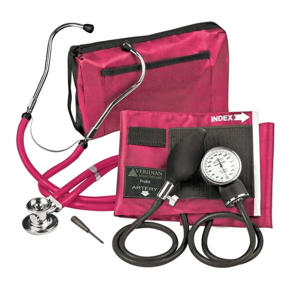 Veridian Healthcare Sterling ProKit Adjustable Aneroid Sphygmomanometer with Sprague Stethoscope, Magenta
