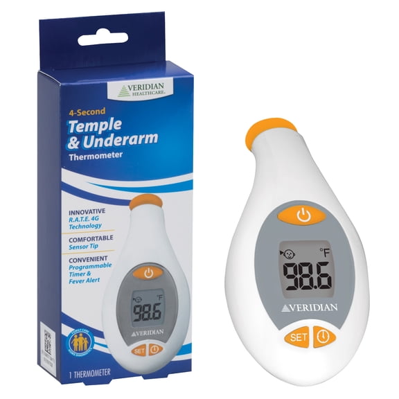 Veridian Temple & Underarm Thermometer, 4-Second Readout, Dual-Site Body Temperature, Backlit Fever Alert Display, Programmable Timer, Memory Recall, F/C Switchable