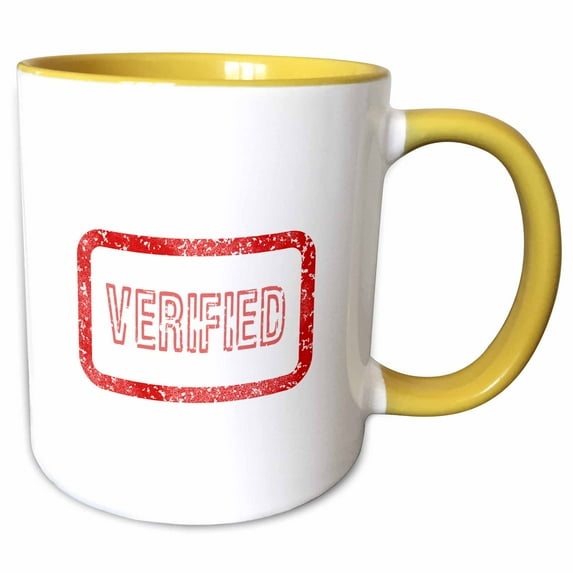 Verified ink stamp styled text inside a frame. Funny red color design 11oz Two-Tone Yellow Mug mug-339631-8