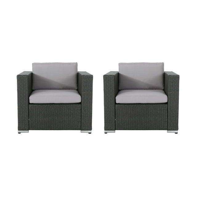 Verin Outdoor Wicker Club Chair with Water Resistant Fabric Cushions, Set of 2, Grey/ Silver