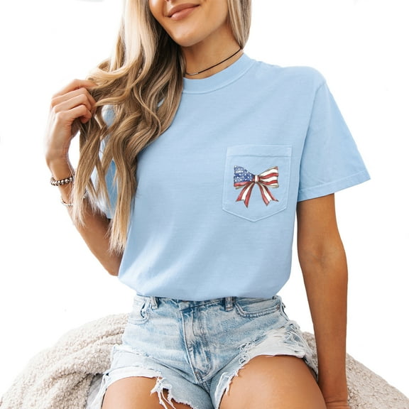 Verita Culture American Flag Ribbon Pocket Shirt Women 4th of July Shirts Patriotic T-Shirt Memorial Day Short Sleeve Tops