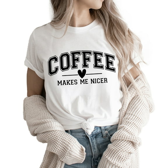Verita Culture Coffee Makes Me Nicer Women's T Shirts Short Sleeve Tees Graphic Loose Summer Tops Funny Letter Print Short Sleeve Tee Tops