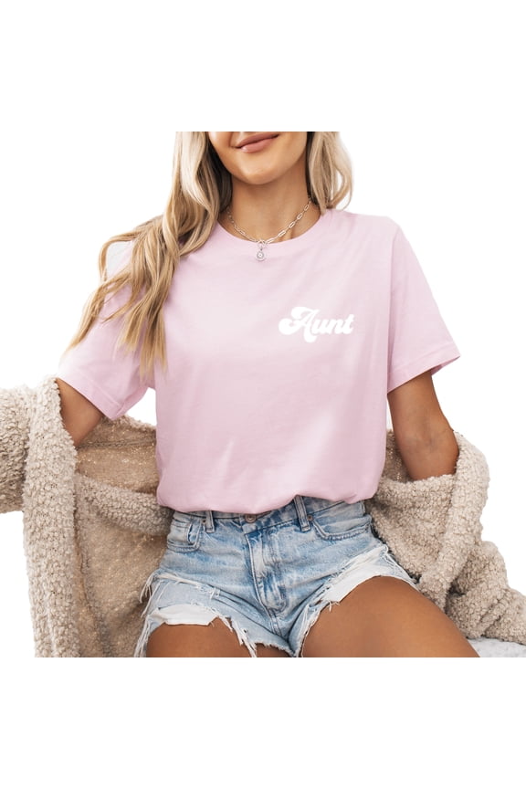 Groovy Aunt Left Chest T Shirt Women Cute Print Auntie Graphic Tees Casual Short Sleeve Vacation Tops