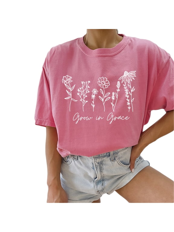 Grow In Grace Christian Flower Graphic T Shirt For Women Inspirational Bible Verse Tees Funny Letter Print Short Sleeve Tee Tops