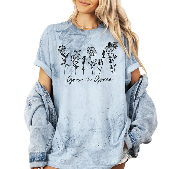 Verita Culture Grow In Grace Christian Flower Graphic T Shirt For Women Inspirational Bible Verse Tees Funny Letter Print Short Sleeve Tee Tops