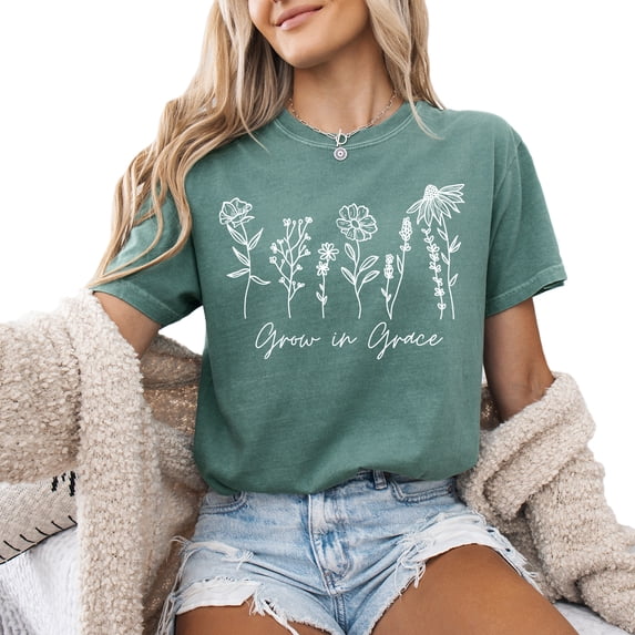 Verita Culture Grow In Grace Christian Flower Graphic T Shirt For Women Inspirational Bible Verse Tees Funny Letter Print Short Sleeve Tee Tops