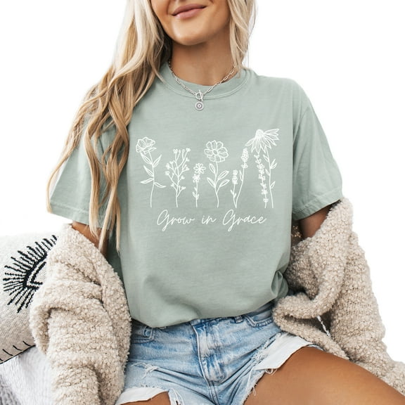 Verita Culture Grow In Grace Christian Flower Graphic T Shirt For Women Inspirational Bible Verse Tees Funny Letter Print Short Sleeve Tee Tops