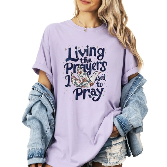 Verita Culture Living With Prayer Christian Graphic T Shirt For Women Inspirational Bible Verse Funny Letter Print Short Sleeve Tee Tops