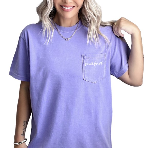 Verita Culture Mama Cursive Pocket Shirts Women Mama Letter Printed T-Shirt Graphic Tee Casual Short Sleeve Tops