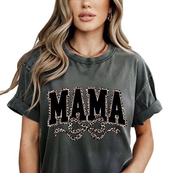 Verita Culture Mama Outlined Leopard With Ribbon Summer Graphic Tees For Women’s Short Sleeve Mom T-Shirts