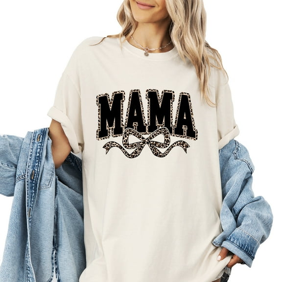 Verita Culture Mama Outlined Leopard With Ribbon Summer Graphic Tees For Women’s Short Sleeve Mom T-Shirts