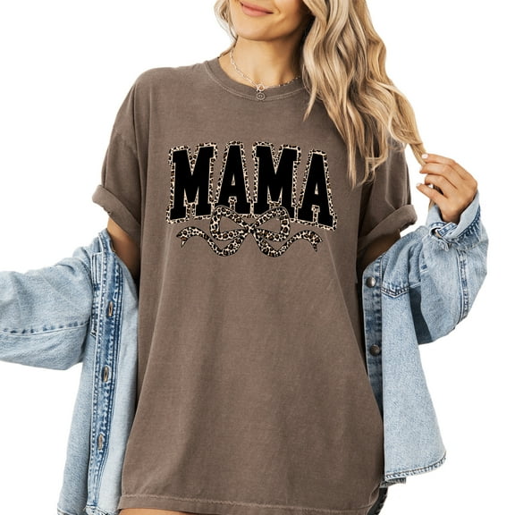 Verita Culture Mama Outlined Leopard With Ribbon Summer Graphic Tees For Women’s Short Sleeve Mom T-Shirts