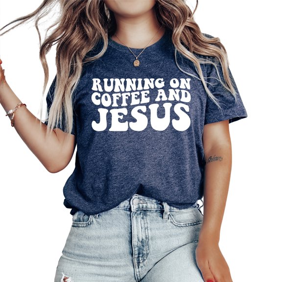 Verita Culture Running On Coffee And Jesus Cute Gift for Christian Funny Graphic Tee Faith Shirts Casual Short Sleeve Tee Tops