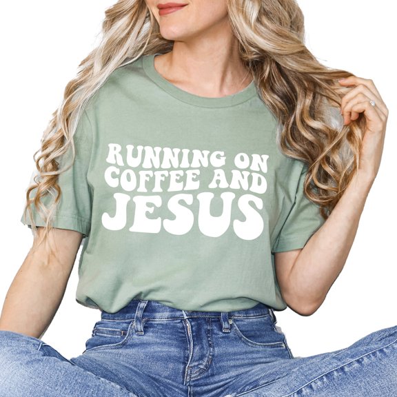 Verita Culture Running On Coffee And Jesus Cute Gift for Christian Funny Graphic Tee Faith Shirts Casual Short Sleeve Tee Tops