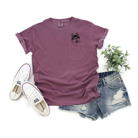 Verita Culture Silberian Husky Dog Mom Pocket Shirt for Women Cute Dog Husky Dog Mama Graphic Short Sleeve Casual Mama Gifts T-Shirt