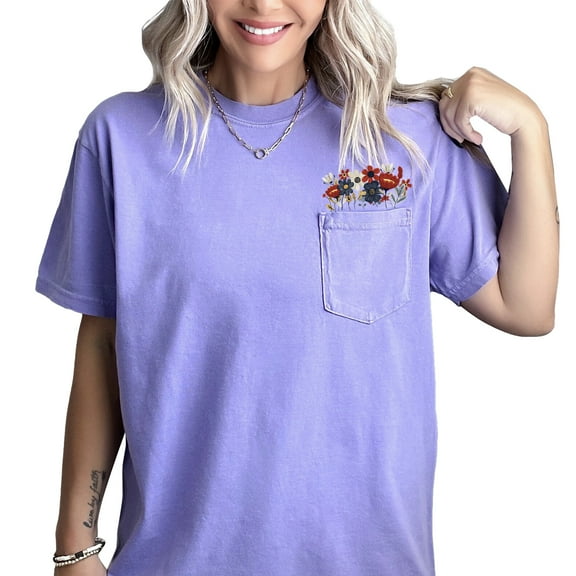 Verita Culture Women's Vintage Colorful Floral Pocket T Shirt Boho Wildflower Graphic Loose Tees Short Sleeve Casual Tops