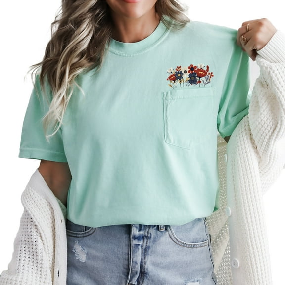Verita Culture Women's Vintage Colorful Floral Pocket T Shirt Boho Wildflower Graphic Loose Tees Short Sleeve Casual Tops