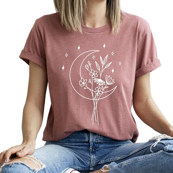 Verita Culture Women's Vintage Flower Moon T Shirt Boho Floral Graphic Loose Tees Short Sleeve Casual Tops