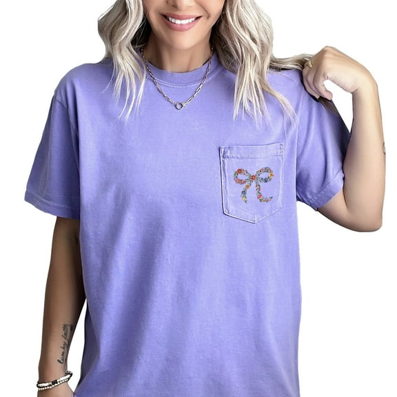 Verita Culture Women's Vintage Flowers Ribbon Pocket Shirt Casual Boho Floral Printed T-Shirt Floral Wildflowers Graphic Tees Tops for Girl