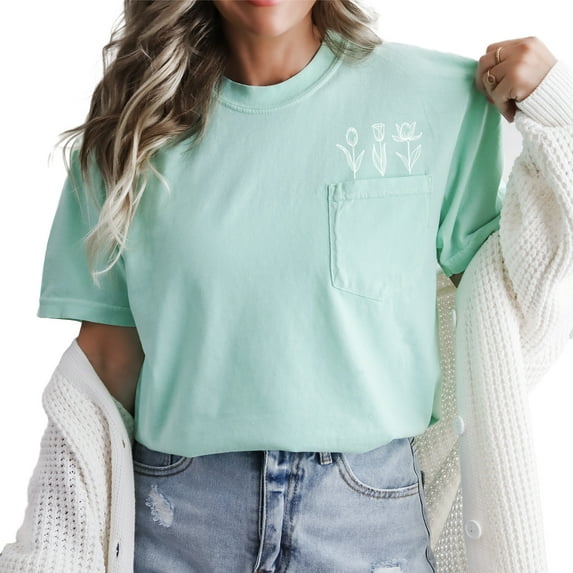 Verita Culture Women's Vintage Tulip Flower Pocket Shirt Casual Boho Floral Printed T-Shirt Floral Wildflowers Graphic Tees Tops for Girl