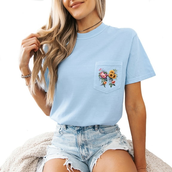 Verita Culture Women's Vintage Wildflowers Ribbon Pocket T Shirt Boho Wildflower Graphic Loose Tees Short Sleeve Casual Tops