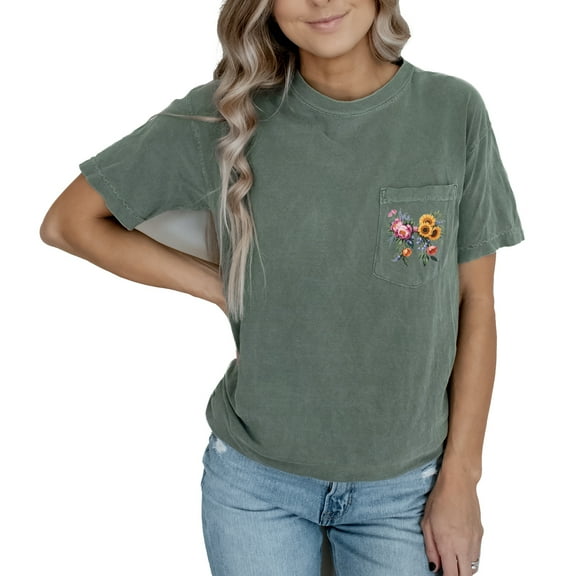 Verita Culture Women's Vintage Wildflowers Ribbon Pocket T Shirt Boho Wildflower Graphic Loose Tees Short Sleeve Casual Tops